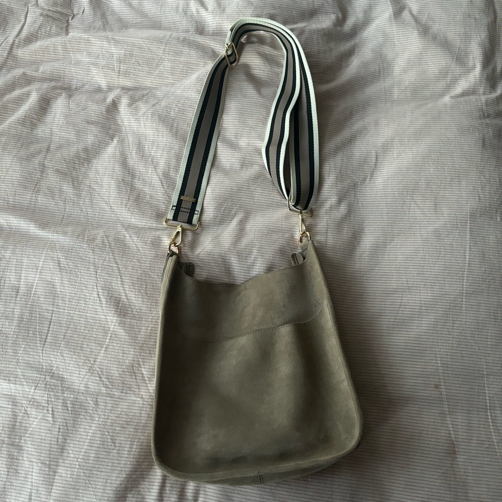 Tan AhDorned vegan suede crossbody bag with interchangeable strap